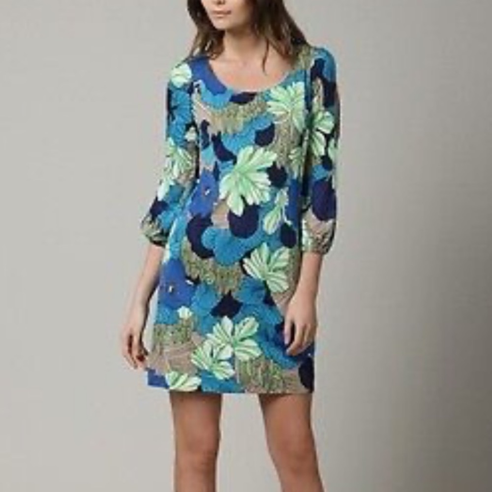 Tibi Everglades Blue Green Gray Silk Blend Scoop Neck Shift Dress, Large